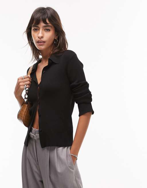 Topshop - Cardigan nero in maglia fine con colletto
