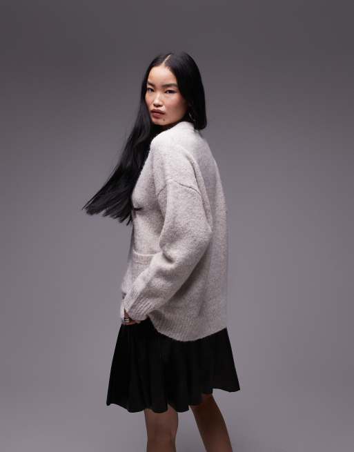 Topshop - Cardigan oversize color avena in maglia soffice con tasche e scollo a V, 4 di 4