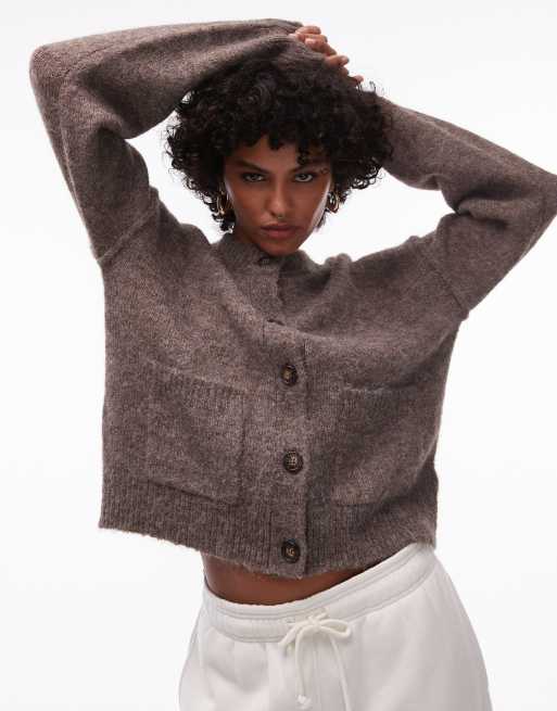 Topshop - Cardigan oversize in maglia marrone con cuciture a vista e tasche