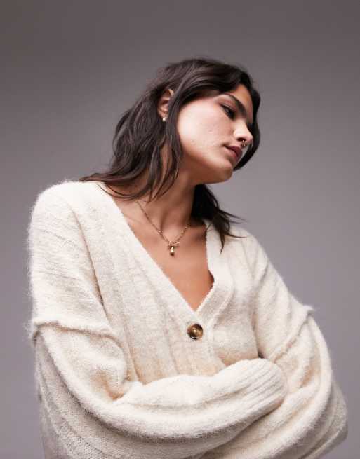 Topshop - Cardigan oversize in maglia soffice avorio con scollo a V