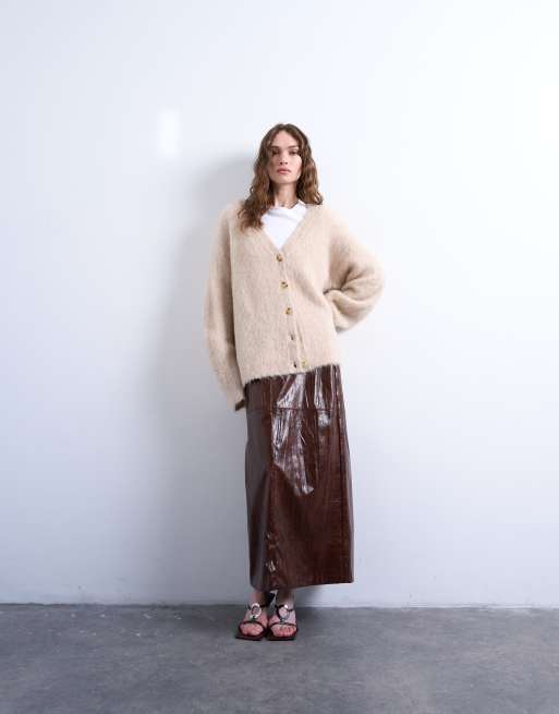 Topshop - Cardigan premium in maglia di alpaca beige, 3 di 4