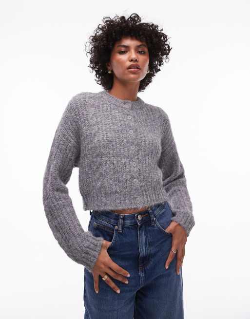 Topshop - Cardigan taglio corto grigio in maglia soffice lavorata a trecce