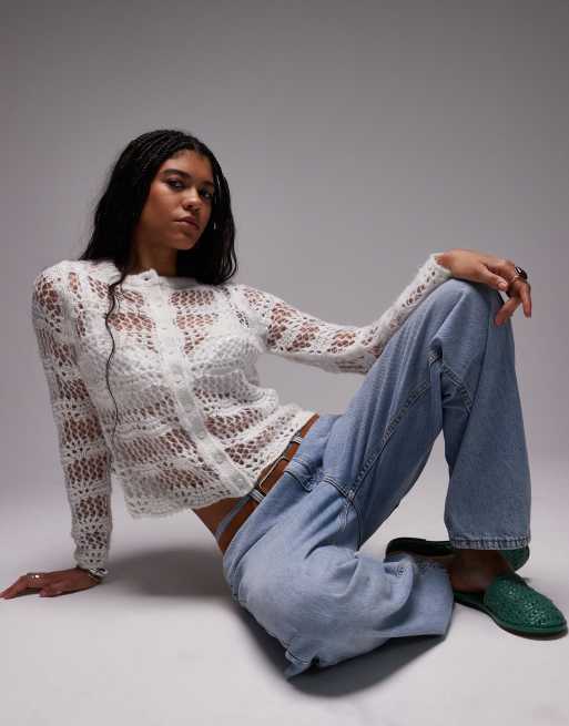 Topshop - Cardigan traforato in maglia color avorio con bottoni