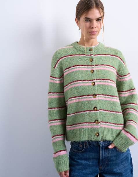 Topshop - Cardigan verde in maglia a righe multicolore - view 1