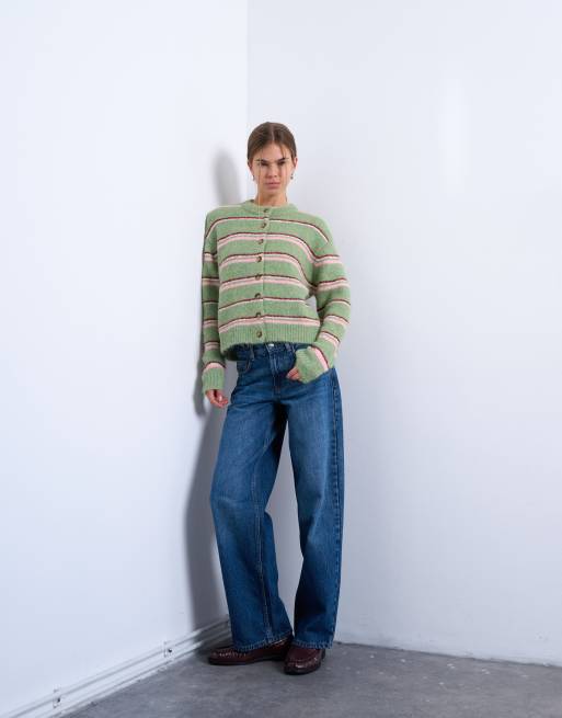 Topshop - Cardigan verde in maglia a righe multicolore, 2 di 4