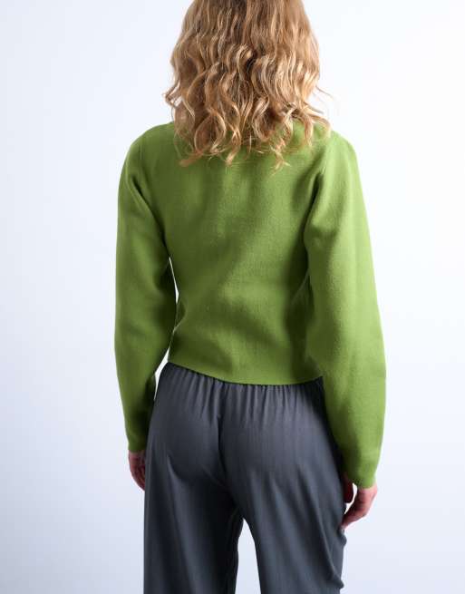 Topshop - Cardigan verde in maglia compatta con maniche a palloncino, 3 di 4