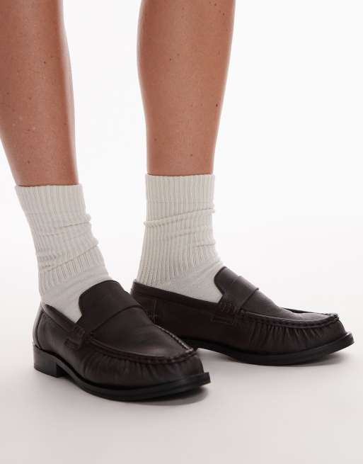 Topshop – Carey – Brązowe skórzane loafersy z marszczeniem