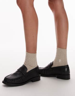 Topshop - Carey - Echtleder-Loafer in Schwarz mit gerafftem Detail