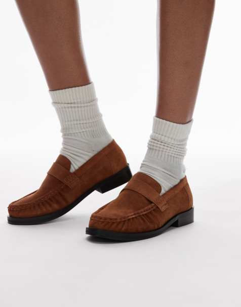 Topshop - Carey - Gyldenbrune loafers med rynkedetaljer i ruskind - view 1