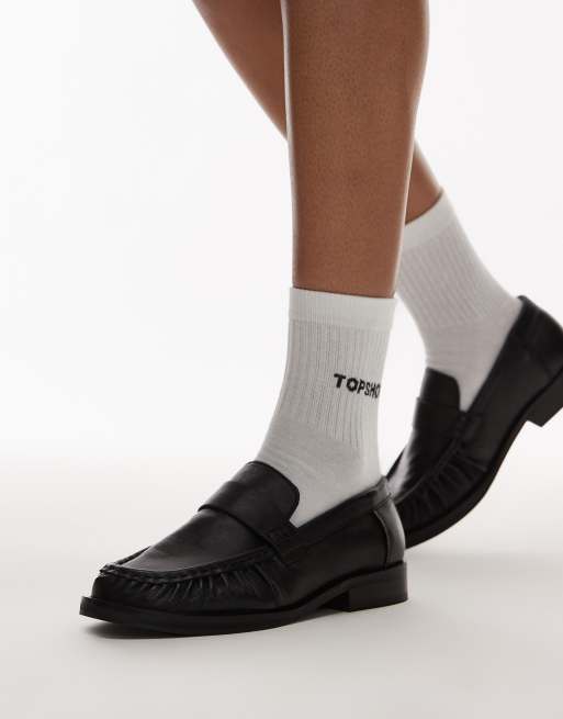 Topshop - Carey - Mocassini in pelle neri con dettaglio arricciato