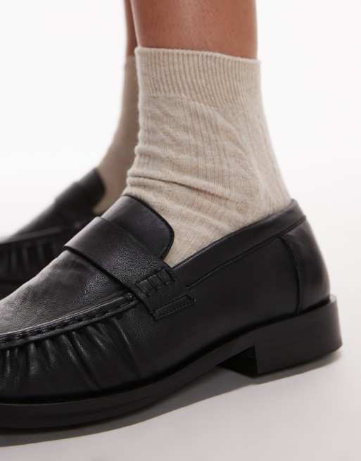 Topshop Carey leather loafers with ruched detail in black