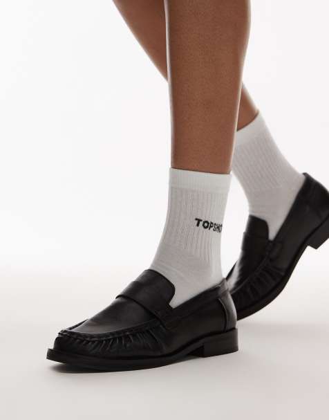 Topshop – Carey – Svarta loafers i läder med rynkade detaljer - view 1