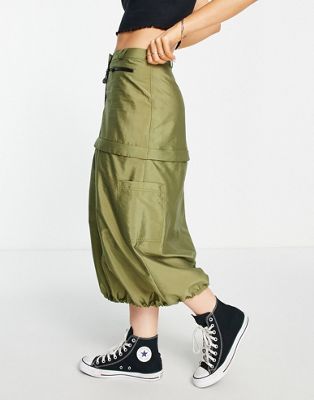 Topshop cargo 2 in 1 zip on and off mini and midi skirt in khaki