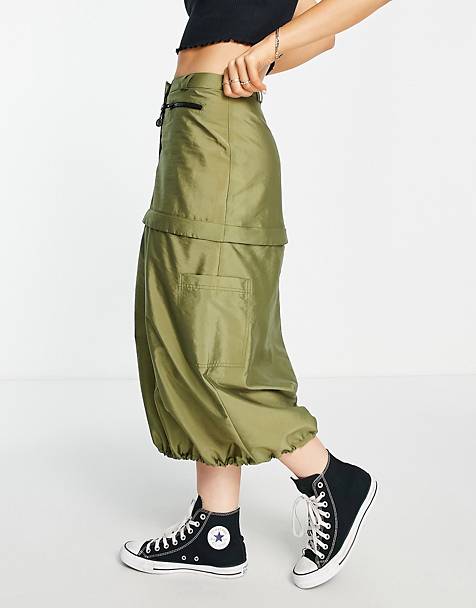 Topshop cargo 2 in 1 zip on and off mini and midi skirt in khaki