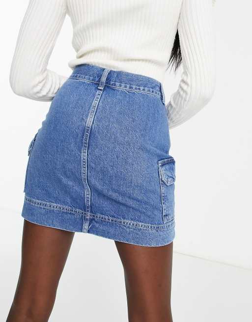 Topshop cargo denim mini skirt in mid blue