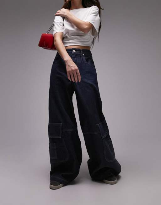 Topshop – Cargo-Skater-Jeans in ungewaschenem Indigoblau