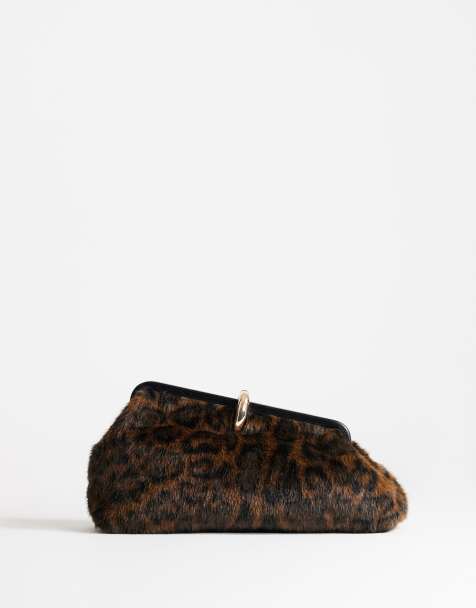 Topshop Carlie faux fur medium clutch purse with hardware in leopard print - view 1