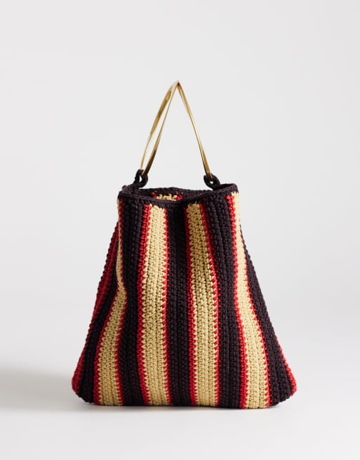Topshop Carlie metal handle crochet bag in chocolate stripe, 4 of 4