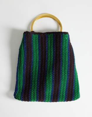 Topshop Carlie metal handle stripe crochet bag in green stripe