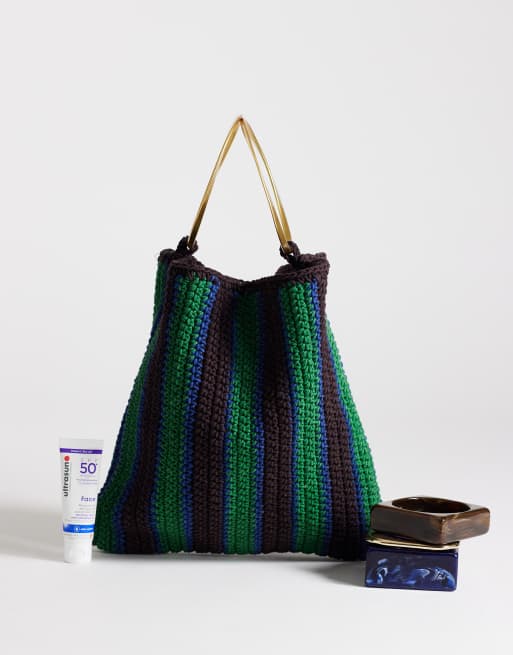 Topshop - Carlie - Sac en maille crochetée rayée avec poignée en métal - Vert, 2 de 4