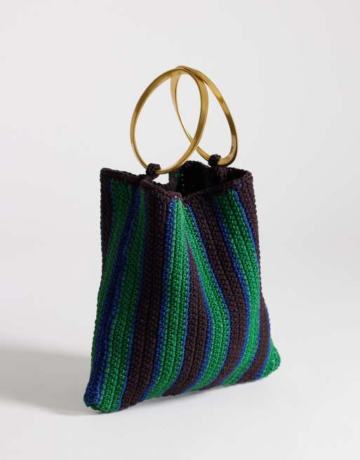 Topshop - Carlie - Sac en maille crochetée rayée avec poignée en métal - Vert, 4 de 4