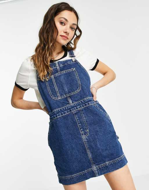 Topshop carpenter denim mini overalls dress in mid blue | ASOS