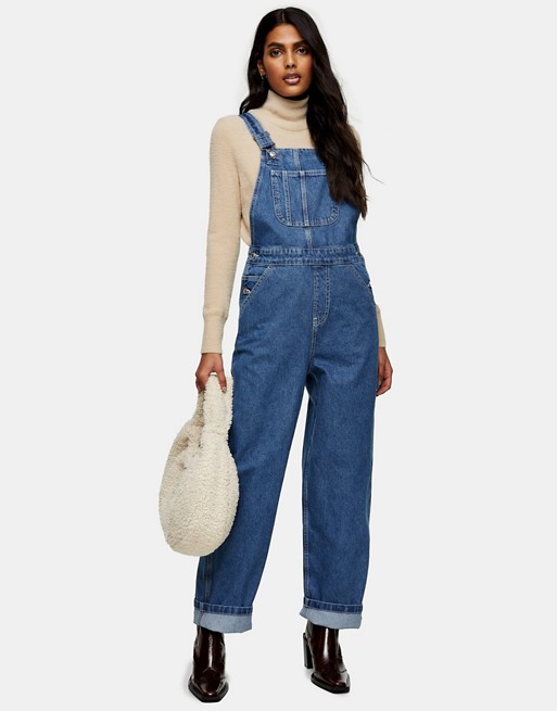 Topshop Carpenter Dungarees in Mid Blue Wash