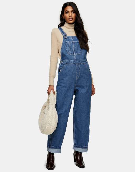 Topshop – Carpenter-Latzhose in verwaschenen Mittelblau