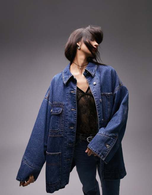 Topshop carpenter lined denim jacket in mid blue