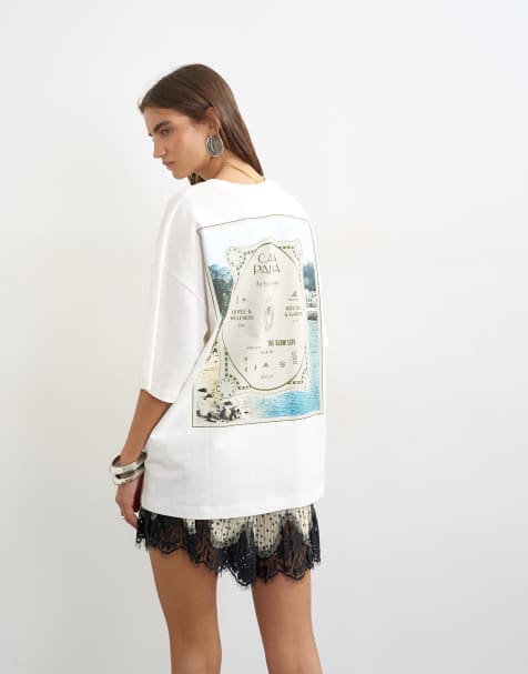 Topshop 'Casa Pal'ma' grafisk oversized T-shirt i cream - view 1