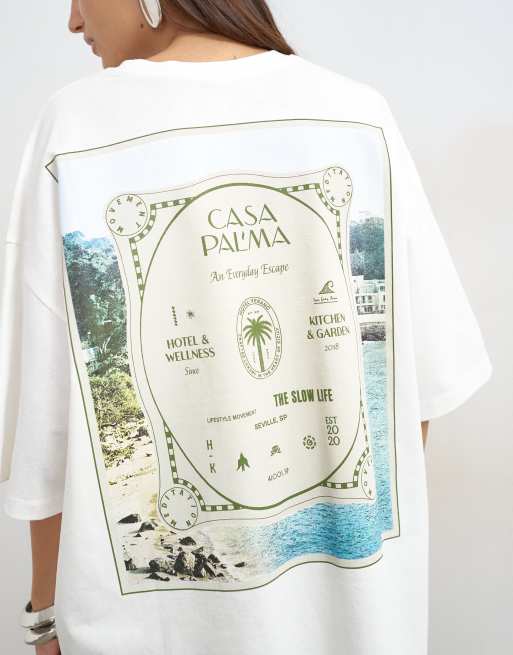 Topshop 'Casa Pal'ma' graphic oversized t-shirt in cream, 3 of 4