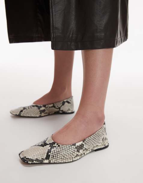 Topshop - Casey - Ballerinaer med firkantet tå, rynket detalje og slangeprint i premium-læder - view 1