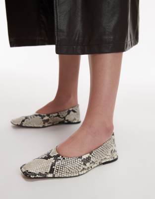 Topshop Casey premium leather square toe ballet flats with ruched detail in snake print-Multi