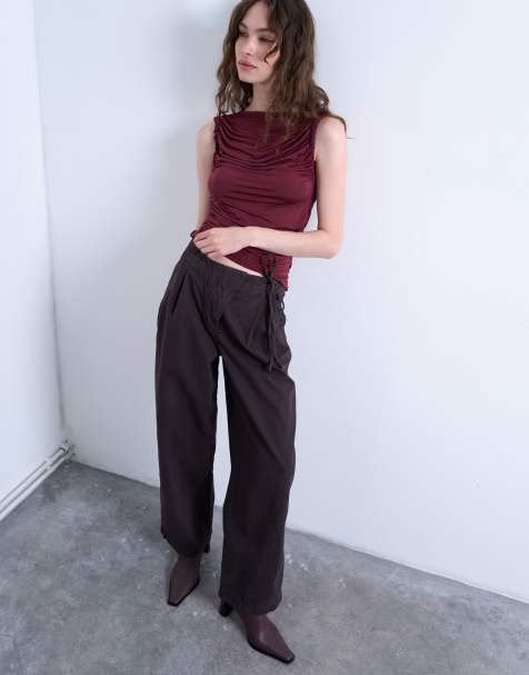 Topshop casual barrel flag pants in chocolate - view 1