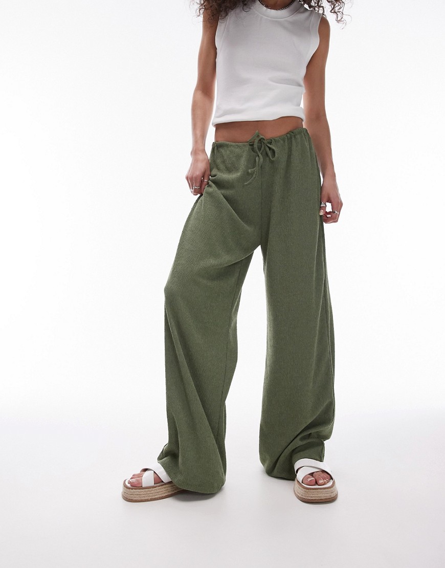 Topshop casual crinkle drawstring straight leg trouser in khaki-Green