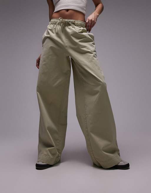 Topshop casual draw cord waist straight leg pants in stone