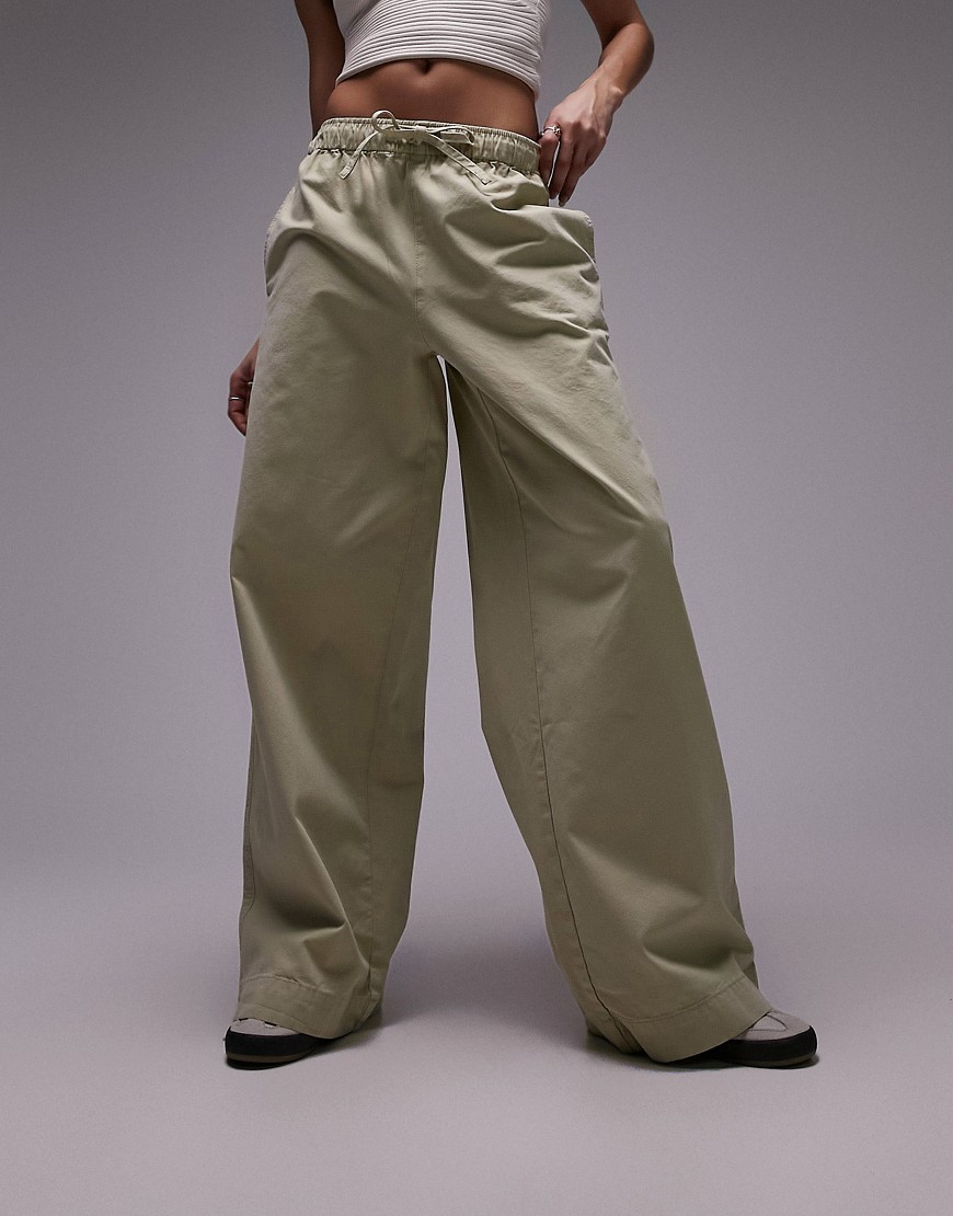 Topshop casual draw cord waist straight leg trouser in stone-Neutral