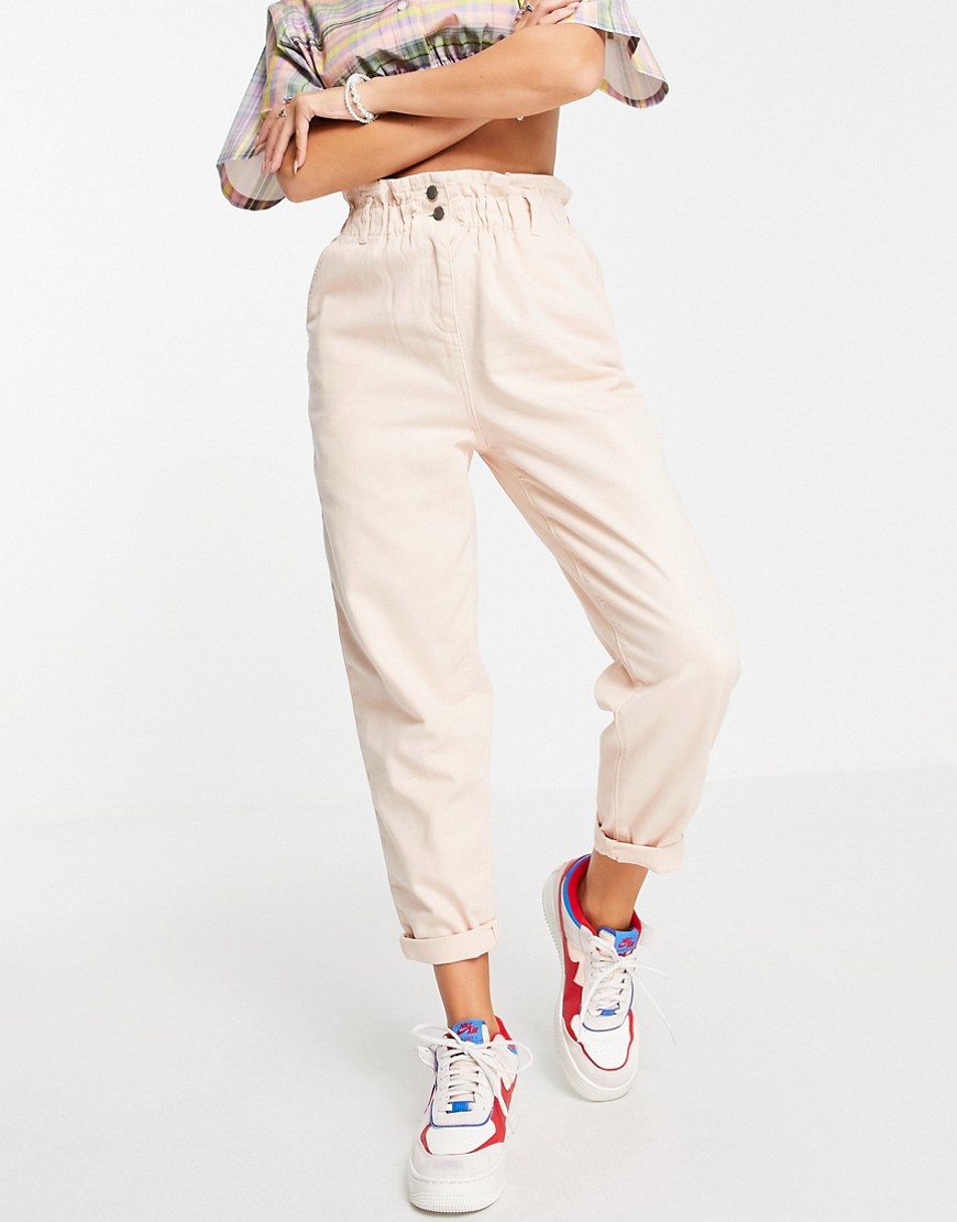 Topshop casual peg pant with paperbag waist in pink