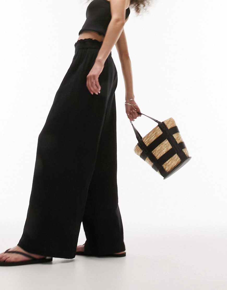 Topshop Casual Textured Beach Pants In Black - Part Of A Set