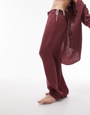 Topshop Casual Textured Beach Pants In Burgundy - Part Of A Set In Red