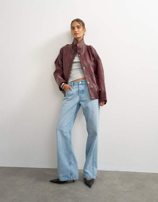 Topshop - cazadora bomber de cuero sintético con cuello alzado y cordón ajustable en burdeos
