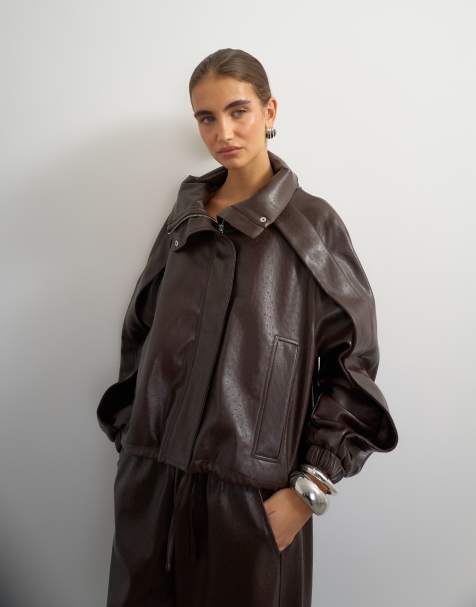 Topshop cazadora bomber de cuero sintético de avestruz marrón - view 1