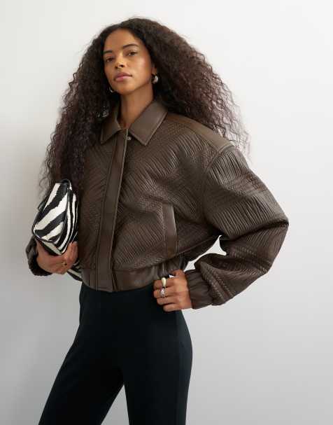 Topshop cazadora bomber de cuero sintético texturizado en marrón chocolate - view 1