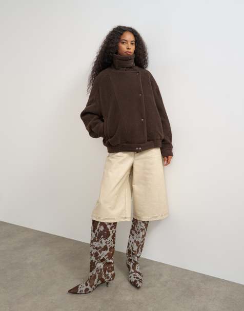Topshop - cazadora bomber de lana con cuello alzado y cinturón en chocolate - view 1