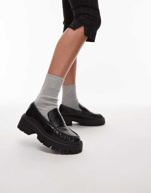 Topshop Cecil cleated sole loafers in black
