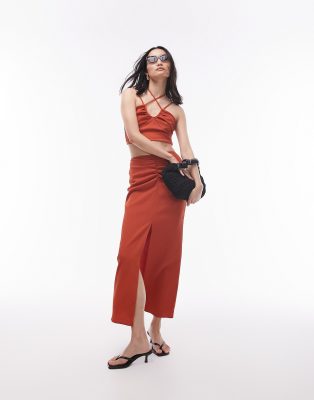 Topshop Center Front Ruched Maxi Skirt In Rust - Part Of A Set-brown