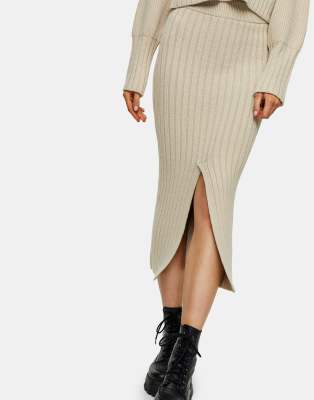 Topshop center split knitted skirt in beige-Brown