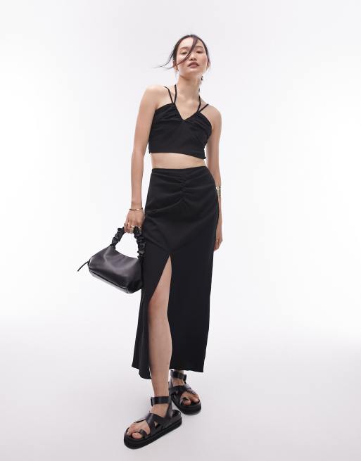 Topshop centre front ruched maxi skirt in black (part of a set)