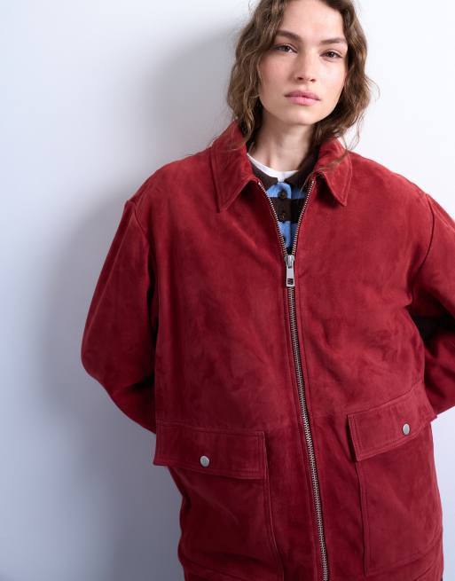 Topshop – CF – Röd jacka i äkta mocka med dragkedja, 4 av 4