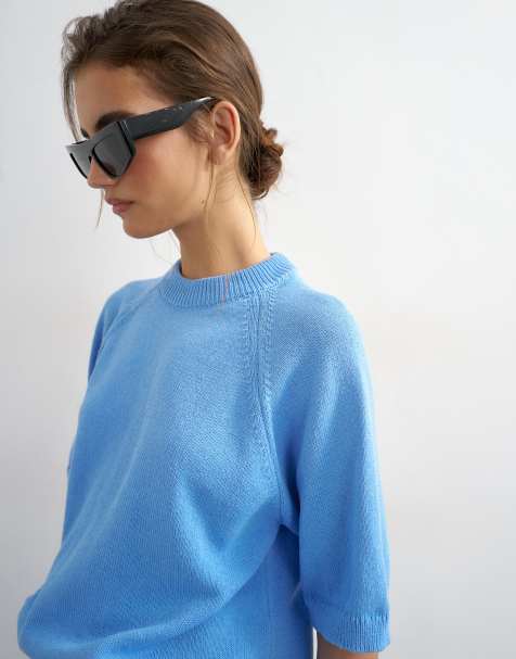 Topshop – Chabrowy dzianinowy T-shirt z rękawami do połowy długości - view 1